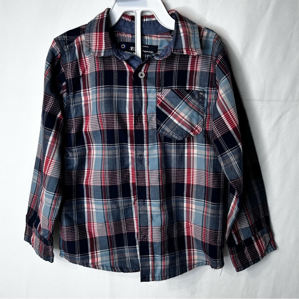 021 Ben Sherman Boy Toddlers Plaid Shirt Navy White Red Stripes Button Down 4T